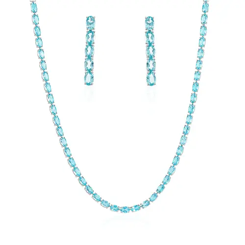 Conjunto Gargantilha e Par de Brincos de Prata com 80 Águas Marinhas Totalizando 70 Cts.