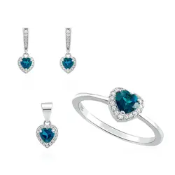 Conjunto Par de Brincos, Pingente e Anel de Prata com Cristais e Topázio London Blue