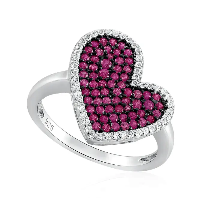 Conjunto Par de Brincos e Anel Coração de Prata com Diamantes de Laboratório e Rubis