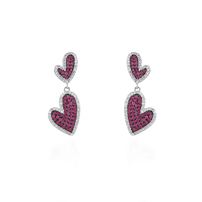 Conjunto Par de Brincos e Anel Coração de Prata com Diamantes de Laboratório e Rubis