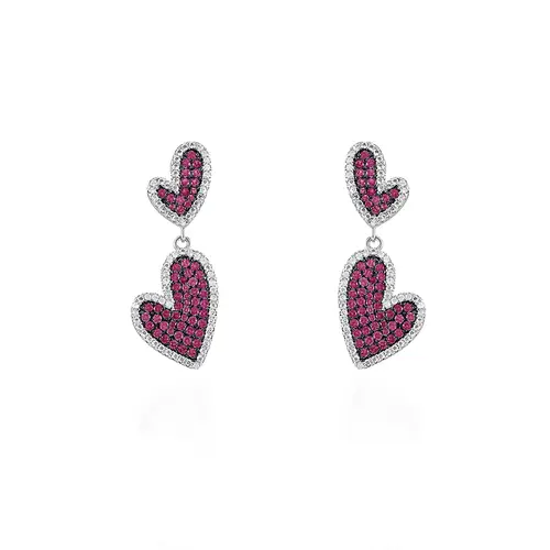 Conjunto Par de Brincos e Anel Coração de Prata com Diamantes de Laboratório e Rubis