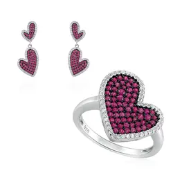 Conjunto Par de Brincos e Anel Coração de Prata com Diamantes de Laboratório e Rubis