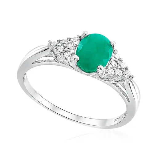 Anel de Prata com Diamantes de Laboratório e Esmeralda 2,0 Cts.
