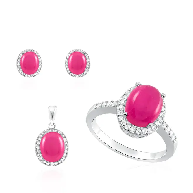 Conjunto Par de Brincos, Pingente e Anel de Prata com Cristais e Rubis Cabochon 124449