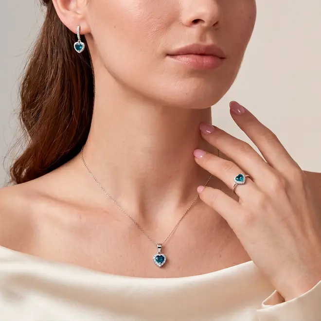 Conjunto Par de Brincos, Pingente e Anel de Prata com Cristais e Topázio London Blue 124451