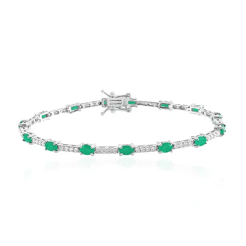 Pulseira de Prata com Cristais e 15 Esmeraldas.