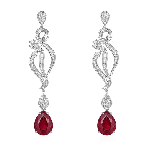 Par de Brincos de Ouro Branco com Diamantes e Rubis Gota