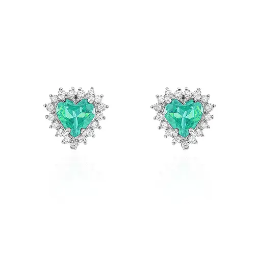 Par de Brincos Coração de Ouro Branco com Diamantes e Esmeraldas totalizando 1,0 Cts.