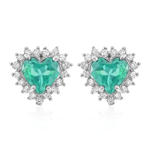 Par de Brincos Coração de Ouro Branco com Diamantes e Esmeraldas totalizando 1,0 Cts.
