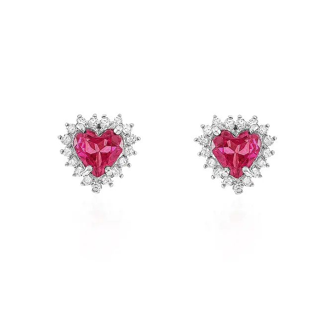 Par de Brinco Coração de Ouro Branco com Diamantes e Rubelitas totalizando 1,0 Cts.