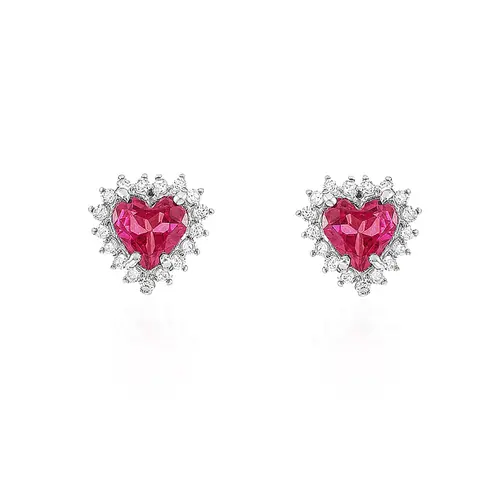 Par de Brinco Coração de Ouro Branco com Diamantes e Rubelitas totalizando 1,0 Cts.