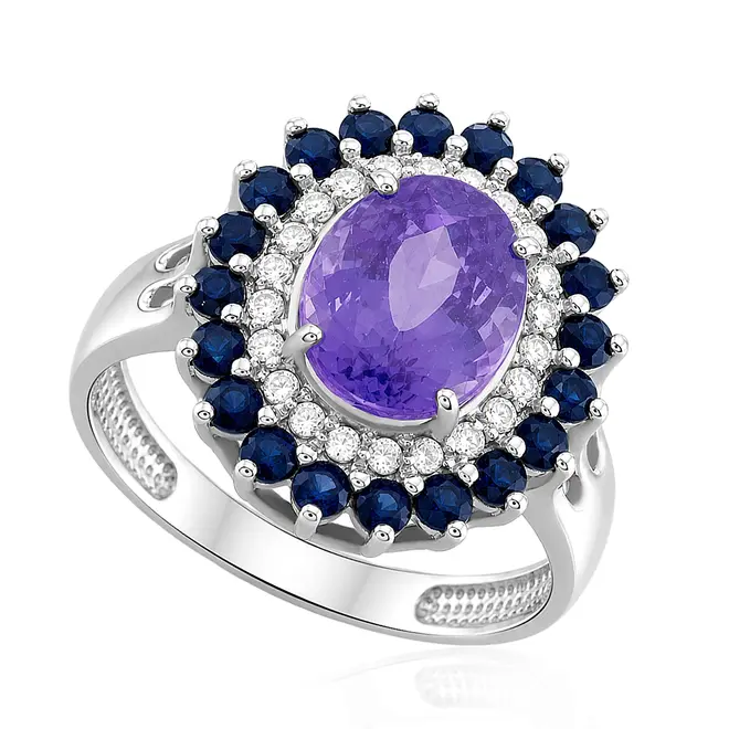 Anel de Ouro Branco com Diamantes, Safiras e Tanzanita de 3,66 Cts.