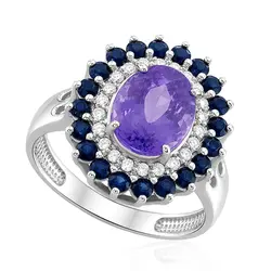 Anel de Ouro Branco com Diamantes, Safiras e Tanzanita de 3,66 Cts.