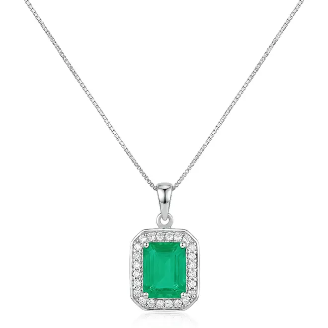 Pingente de Ouro Branco com Corrente Veneziana, Diamantes e Esmeralda Colombiana
