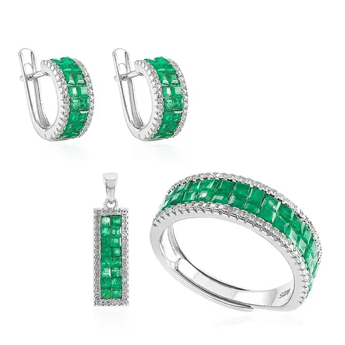Conjunto Par de Brincos, Pingente e Anel de Prata com Esmeraldas. 124550