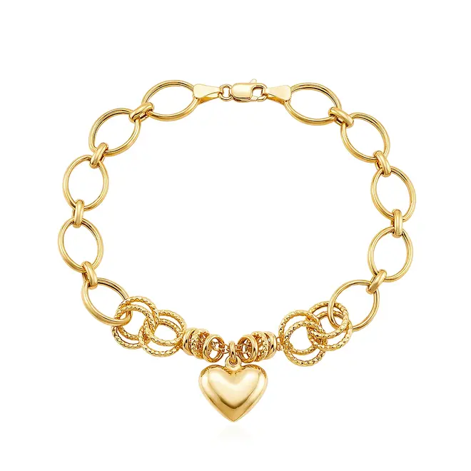Pulseira Elos Ovais com Berloque Coração em Ouro Amarelo.