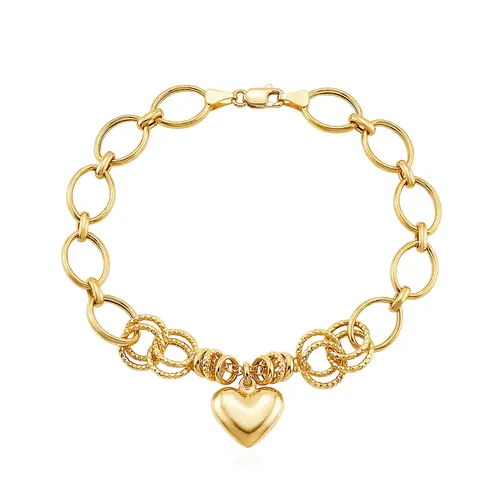 Pulseira Elos Ovais com Berloque Coração em Ouro Amarelo.