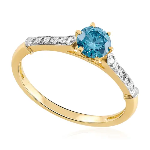 Anel Solitário de Ouro Amarelo com Diamantes Laterais e Diamante Azul Central 124549