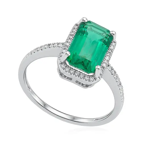 Anel de Prata com Diamantes e Esmeralda. 124741