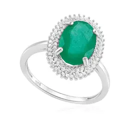 Anel de Prata com Diamantes e Esmeralda. 124753