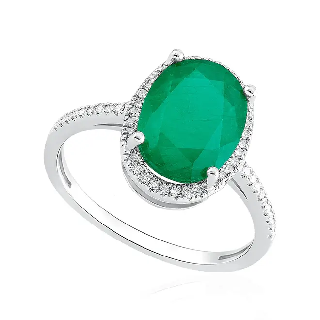 Anel de Prata com Diamantes e Esmeralda. 124755