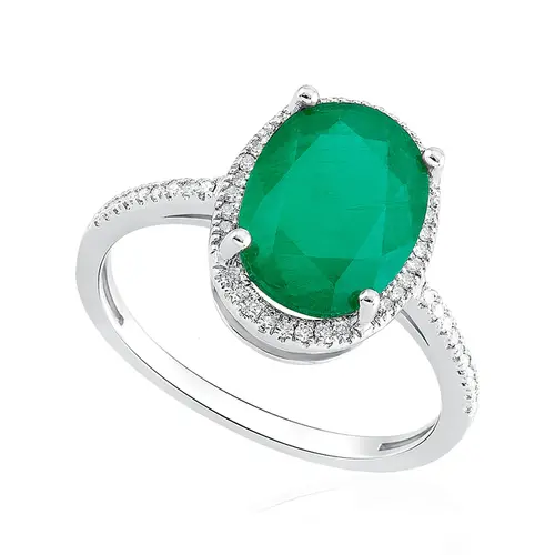 Anel de Prata com Diamantes e Esmeralda. 124755