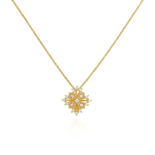 Pingente Flor de Ouro Amarelo com 17 Diamantes e Corrente