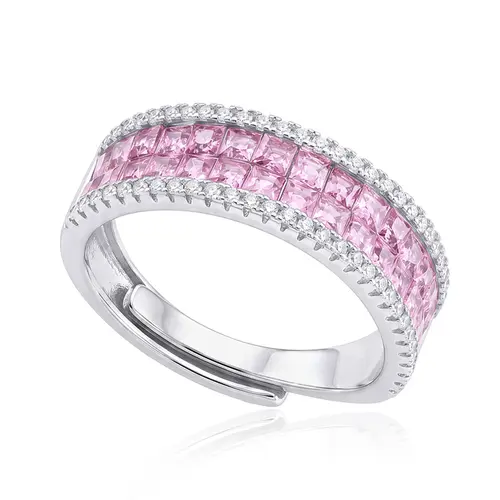 Meia Aliança de Prata com Diamantes e Safiras Rosas.