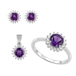 Conjunto Par de Brincos, Pingente e Anel de Prata com Ametista. 124811