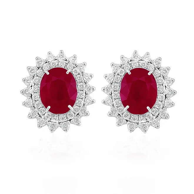 Par de Brincos Ouro Branco 18K com Diamantes e Rubis