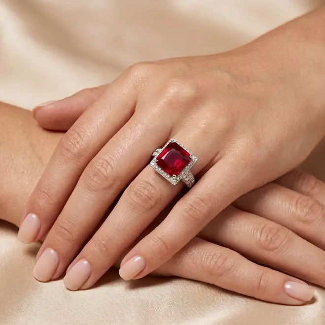Anel de Ouro Branco 18K com Diamantes e Rubi