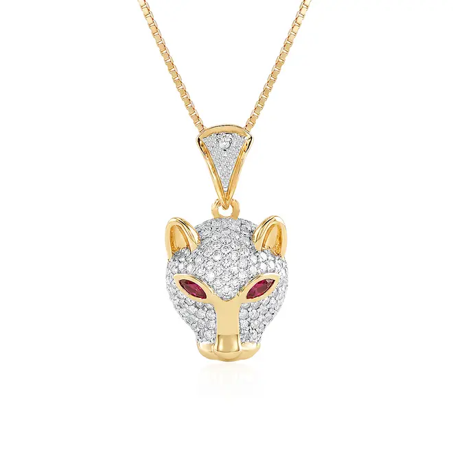 Pingente Felino Ouro Amarelo 18K com Diamantes e Rubis
