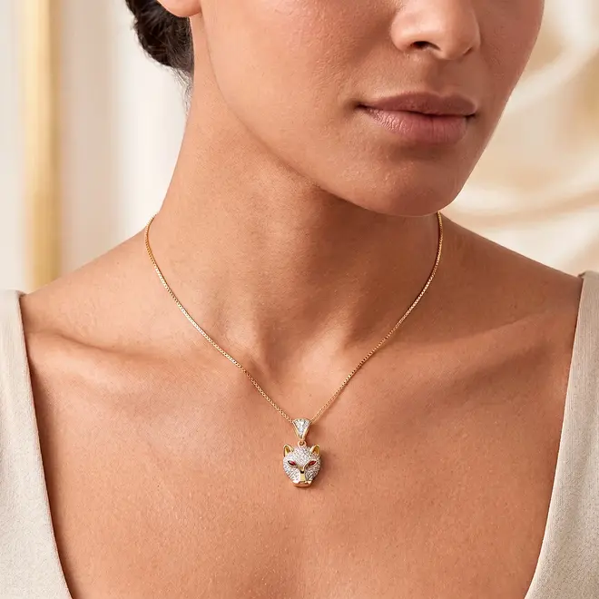 Pingente Felino Ouro Amarelo 18K com Diamantes e Rubis