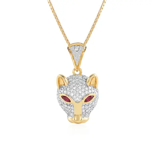 Pingente Felino Ouro Amarelo 18K com Diamantes e Rubis