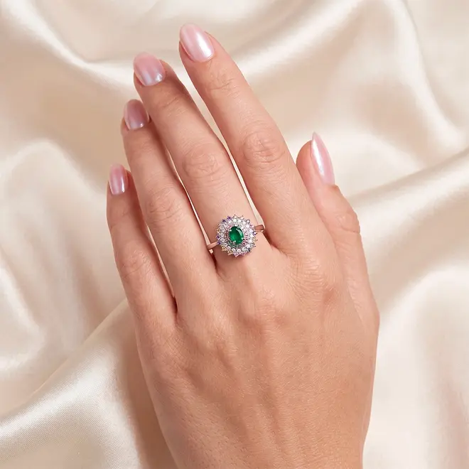 Anel de Prata com Diamantes, Mix Gemas e Esmeralda.