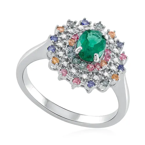 Anel de Prata com Diamantes, Mix Gemas e Esmeralda.