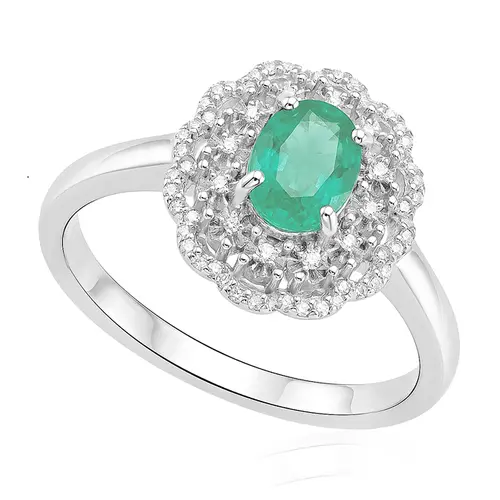 Anel de Prata com Diamantes, Esmeralda.