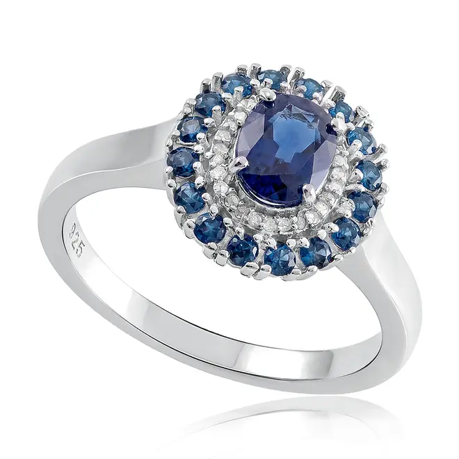 Anel de Prata com Diamantes, Gemas, Safira. 124827