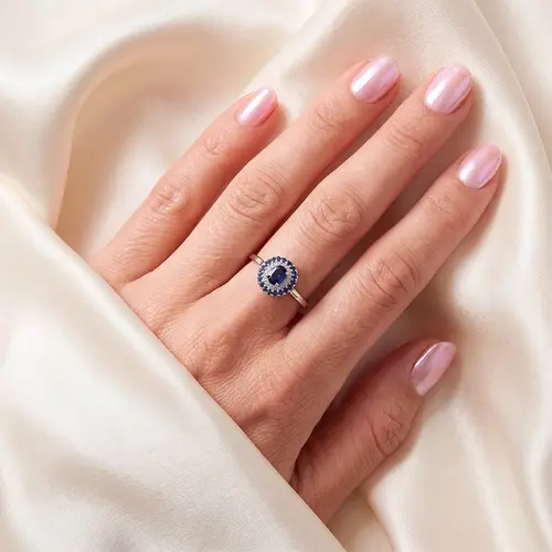 Anel de Prata com Diamantes, Gemas, Safira. 124827