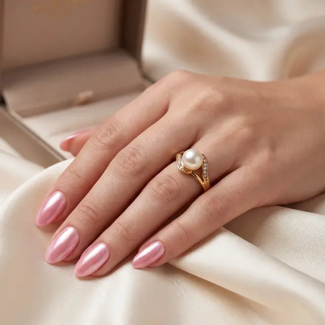 Anel Trabalhado de Ouro Amarelo com 6 Diamantes e Pérola