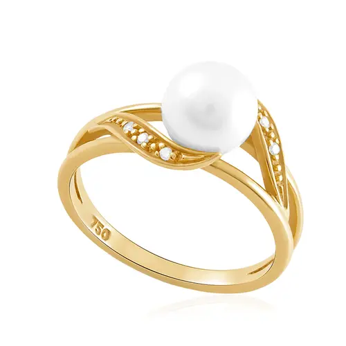Anel Trabalhado de Ouro Amarelo com 6 Diamantes e Pérola