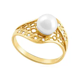Anel Trabalhado de Ouro Amarelo com 10 Diamantes e Pérola
