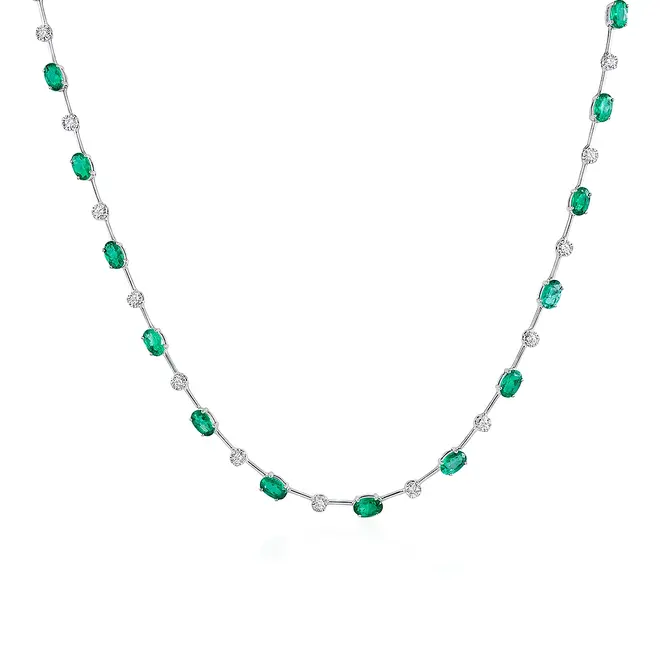 Colar Riviera de Ouro Branco 18K com Esmeraldas e Diamantes