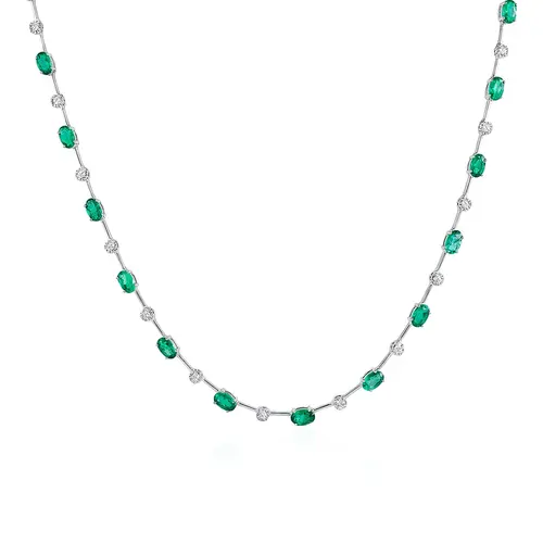 Colar Riviera de Ouro Branco 18K com Esmeraldas e Diamantes