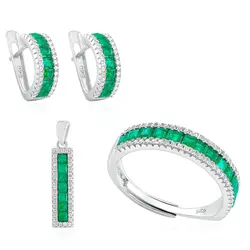 Conjunto Par de Brincos, Pingente e Anel de Prata com Diamantes e Esmeraldas.