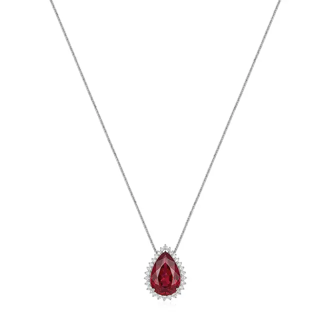 Pingente Ouro Branco 18K com Rubi Gota e Diamantes.