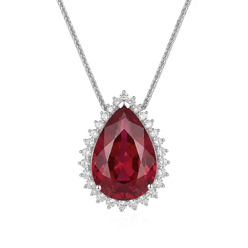 Pingente Ouro Branco 18K com Rubi Gota e Diamantes.