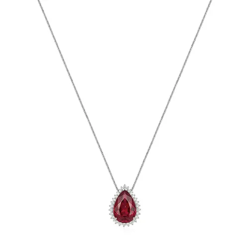 Pingente Ouro Branco 18K com Rubi Gota e Diamantes.
