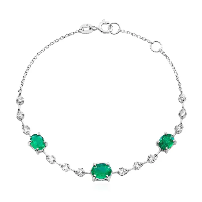 Pulseira de Ouro Branco 18K com Esmeraldas e Diamantes