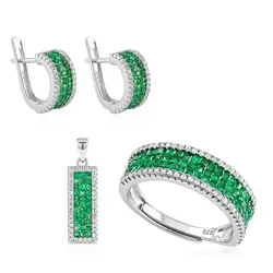 Conjunto Par de Brincos, Pingente e Anel de Prata com Diamantes e Esmeraldas. 124914